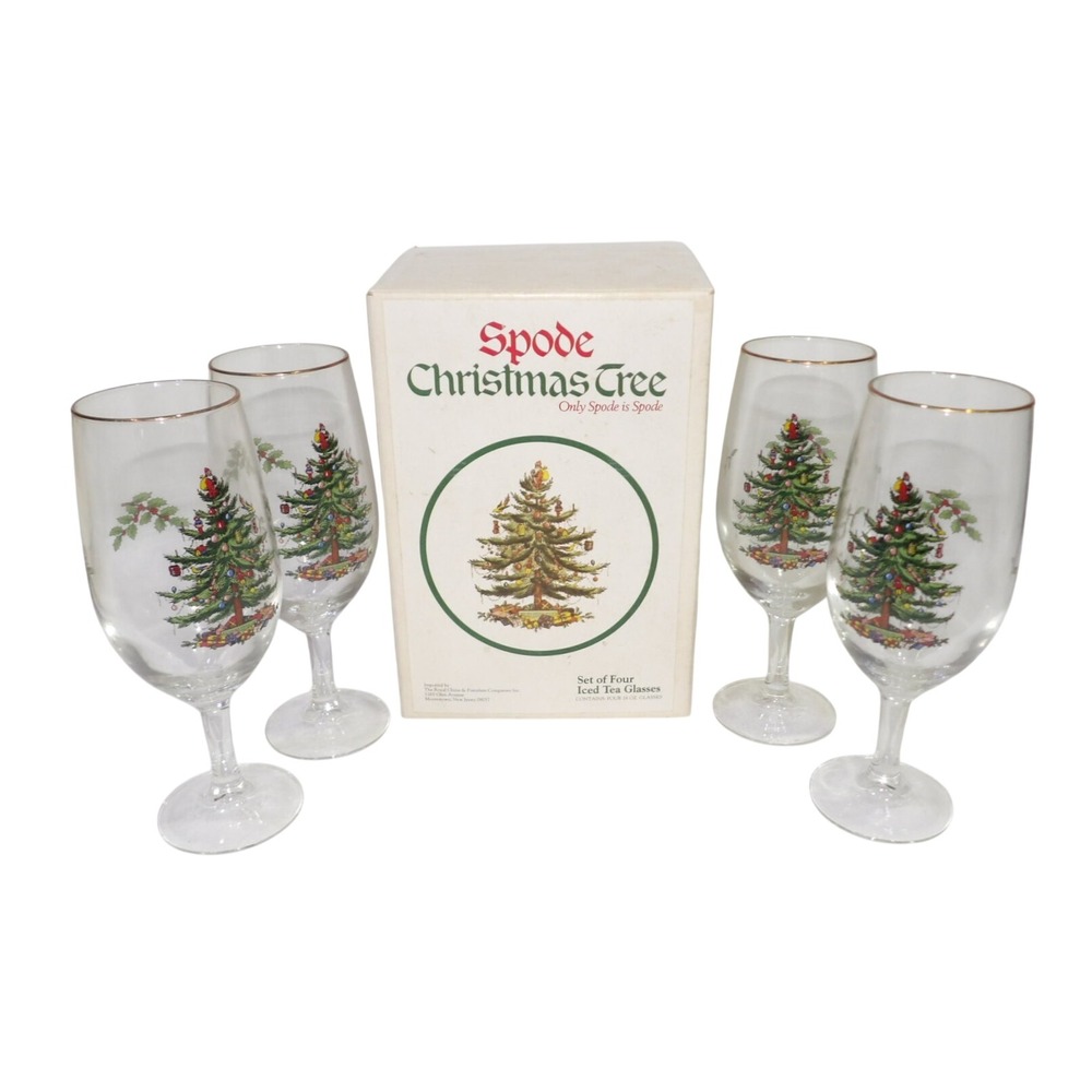 Spode Christmas Tree Iced Tea Glasses Set of 4 Gold Rim 16oz Holiday Drinkware